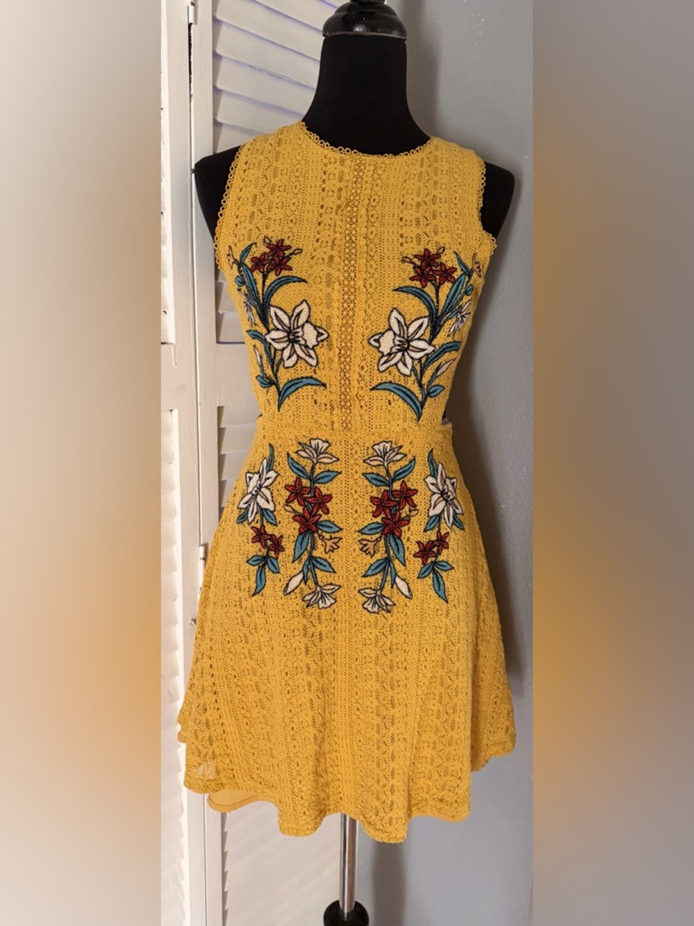 J.O.A. Yellow Lace Midi Dress with Multicolor Floral Embroidery